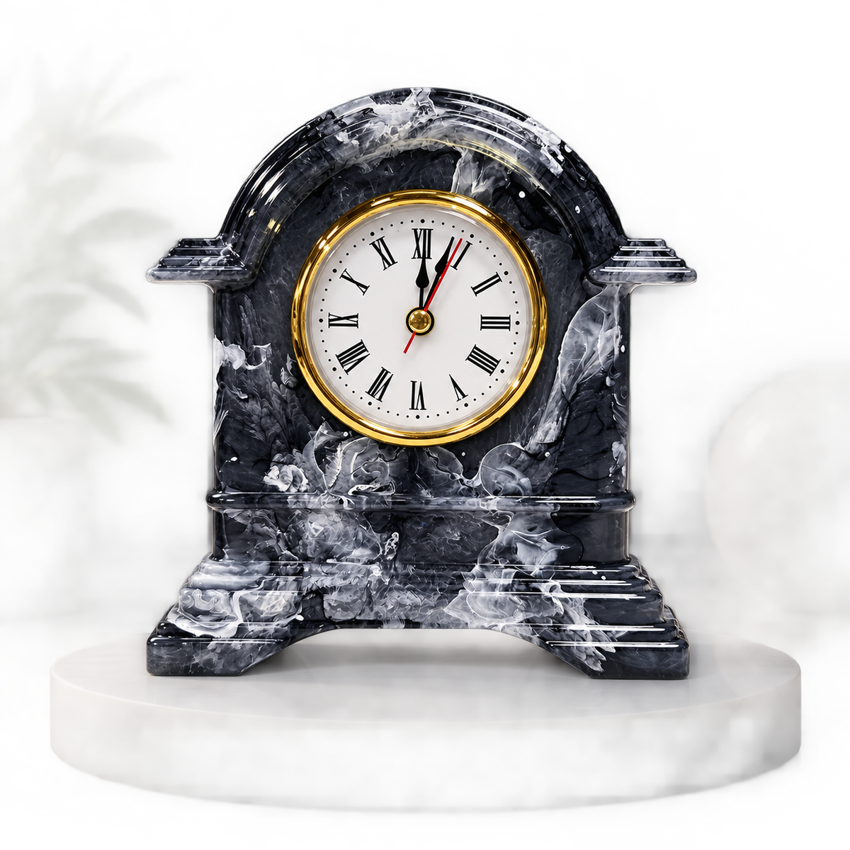 Black & White Resin Mantel Clock | Handmade Marble Swirl Desk Clock | Unique Home Décor