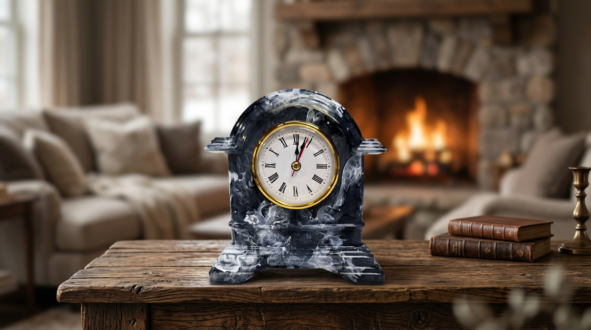 Black & White Resin Mantel Clock | Handmade Marble Swirl Desk Clock | Unique Home Décor