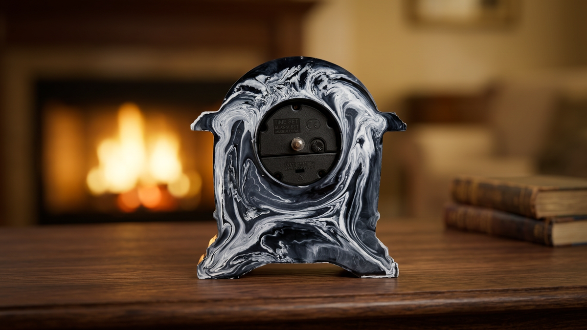 Black & White Resin Mantel Clock | Handmade Marble Swirl Desk Clock | Unique Home Décor