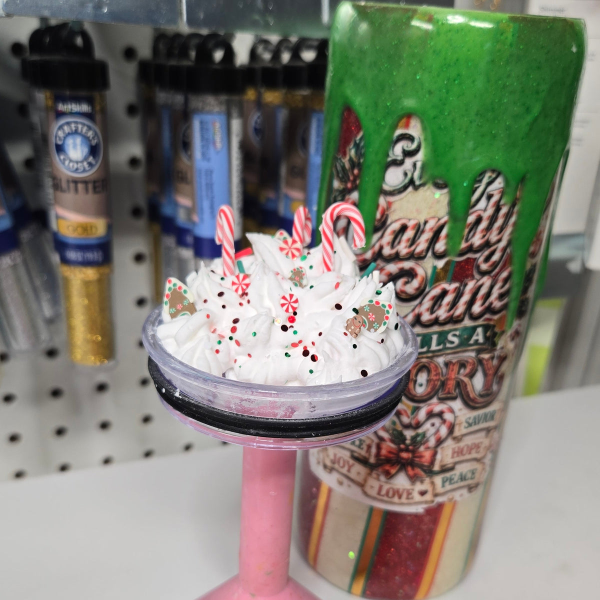 Christmas Candy Cane Tumbler with Faux Whipped Cream Topper | Handmade Holiday Cup