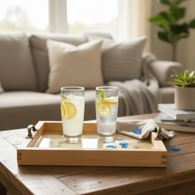 Pressed Blue Flower Resin Tray | Handmade Wood & Resin Floral Tray