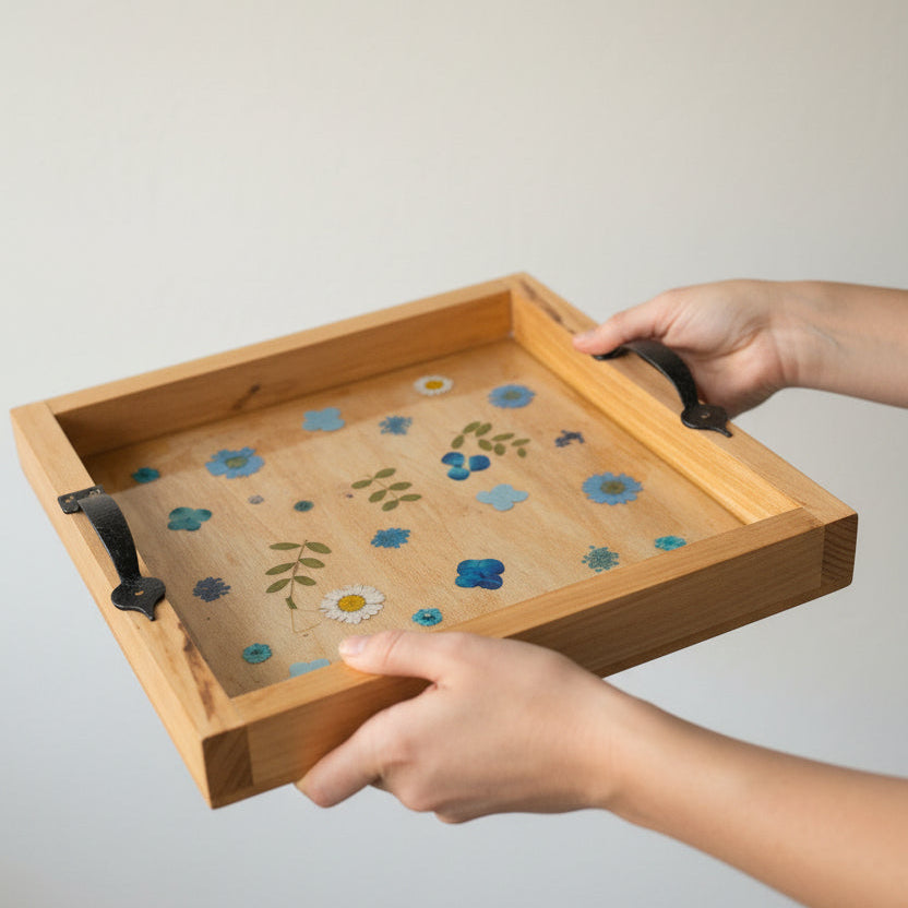 Pressed Blue Flower Resin Tray | Handmade Wood & Resin Floral Tray