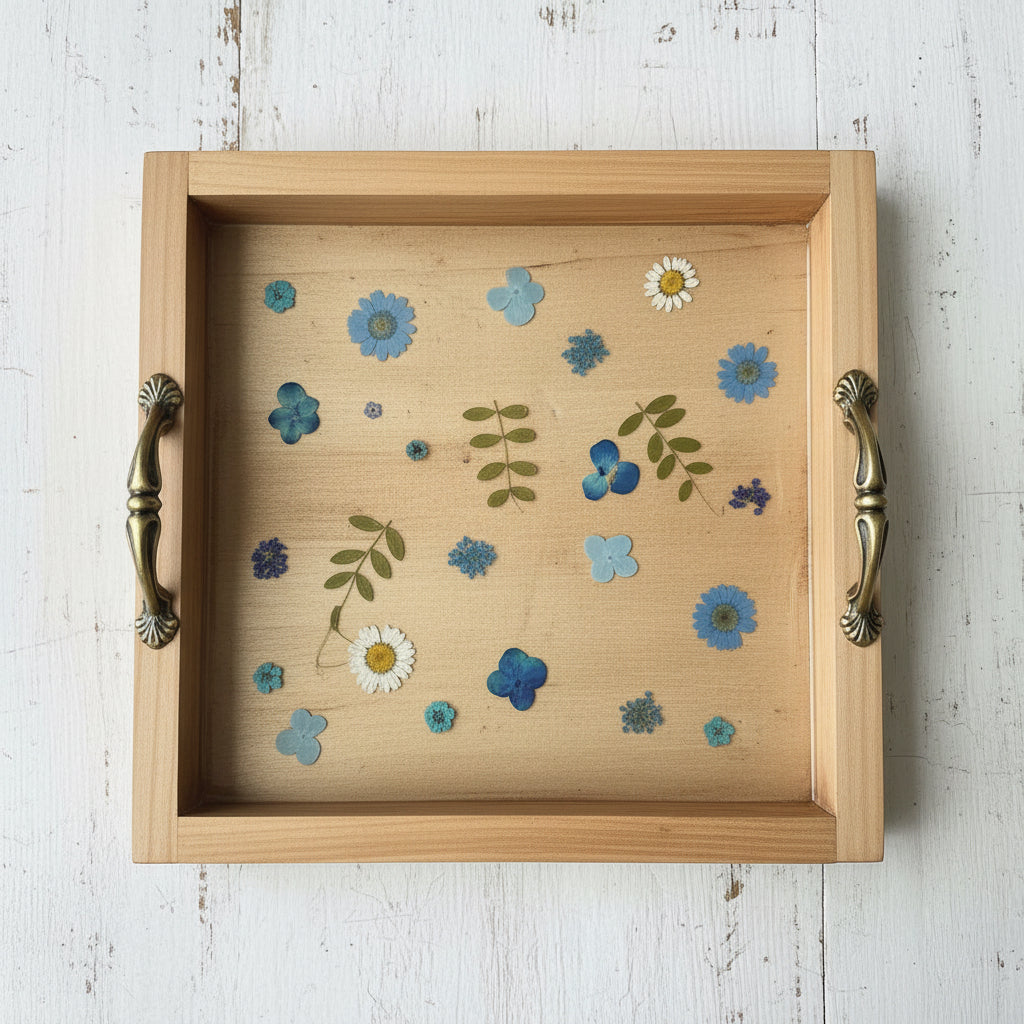 Pressed Blue Flower Resin Tray | Handmade Wood & Resin Floral Tray
